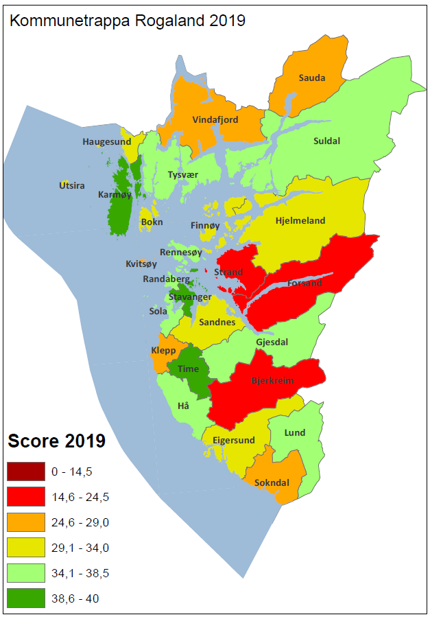 Kartet viser korleis kommunane er plasserte på kommunetrappa for 2019.