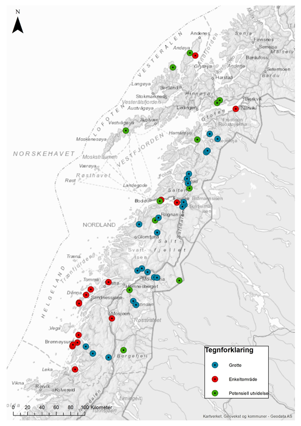 Kart over Nordland som viser områdene på bruttolista