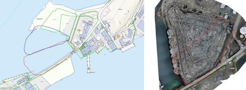 Kartet til venstre viser området før det ble fylt ut, men bilde til høyre viser det utfylte området. Området der massene skal lagres er markert med rød ring. Bildene er hentet fra søknaden.