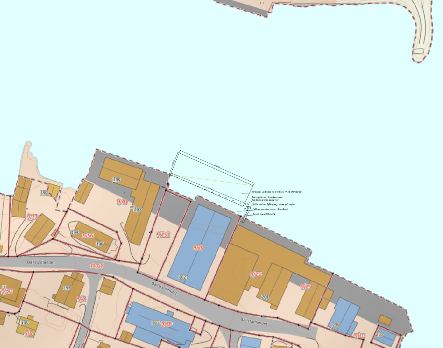 Kart over tiltaksområdet i Ballstad. Ilustrasjonen er hentet fra søknaden.