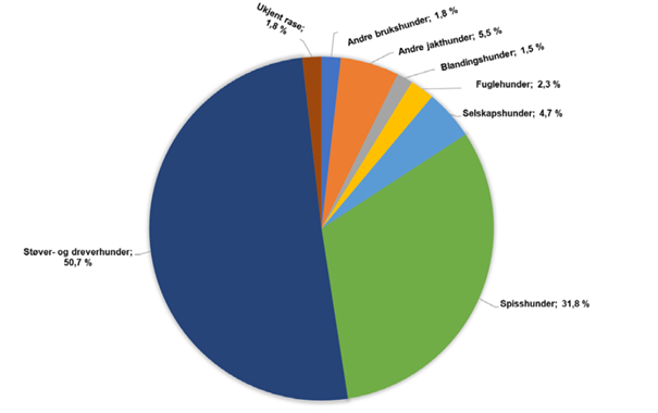 Figuren viser hunder som er drept eller skadd som følge av ulveangrep for årene 1995–2018 fordelt på type hund og hunderaser, og er hentet fra NINA -– rapport 1568 Ulveangrep på hunder i Skandinavia. 