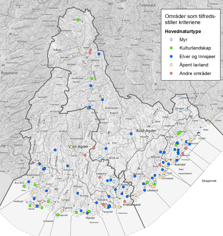 Områdene som er vurdert som aktuelle for supplerende vern i Agder, fordelt på hovednaturtyper.