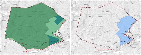 Vernealternativ 1: Kartet til venstre viser områder i nasjonalparken (blågrønne) som inngår i det definerte "bruksområdet" sammen med hele landskapsvernområdet (lysegrønt). Bruksområdet vises i kartet til høyre (lyseblått).